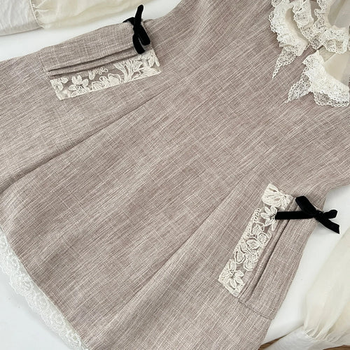 Load image into Gallery viewer, Autumn Vintage Khaki Patchwork Elegant Long Sleeve Mini Dress French Women Ruffle Edges Evening Party Short Dress Fashion Trendy
