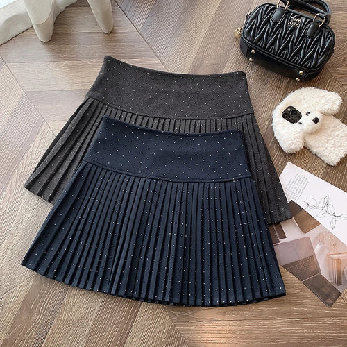 Load image into Gallery viewer, Black Blue Diamond High Waist Slim Pleated Woolen Mini Skirts Women Autumn Winter Brown Festival Half Short Skirt College Style
