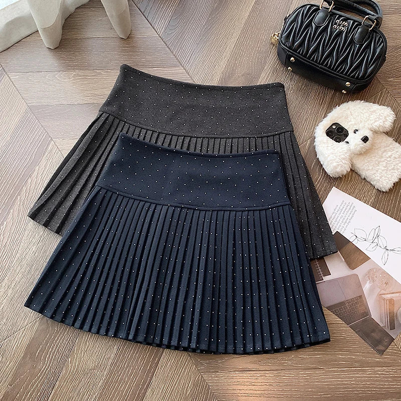 Black Blue Diamond High Waist Slim Pleated Woolen Mini Skirts Women Autumn Winter Brown Festival Half Short Skirt College Style