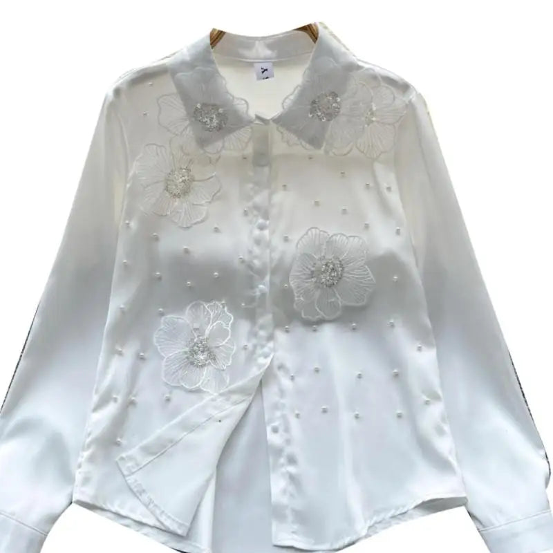 French Retro White Bead Sequin Single Breasted Long Sleeved Women's Shirt Autumn 2024 New Black Embroidered Flower Blouses Tops
