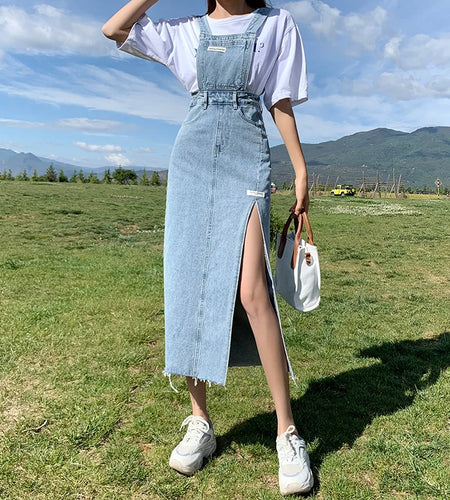 Casual Denim Dress Women Korean Style Solid Spaghetti Strap Dresses Pocket Streetwear Preppy Girl Student Dress Vestido Feminino