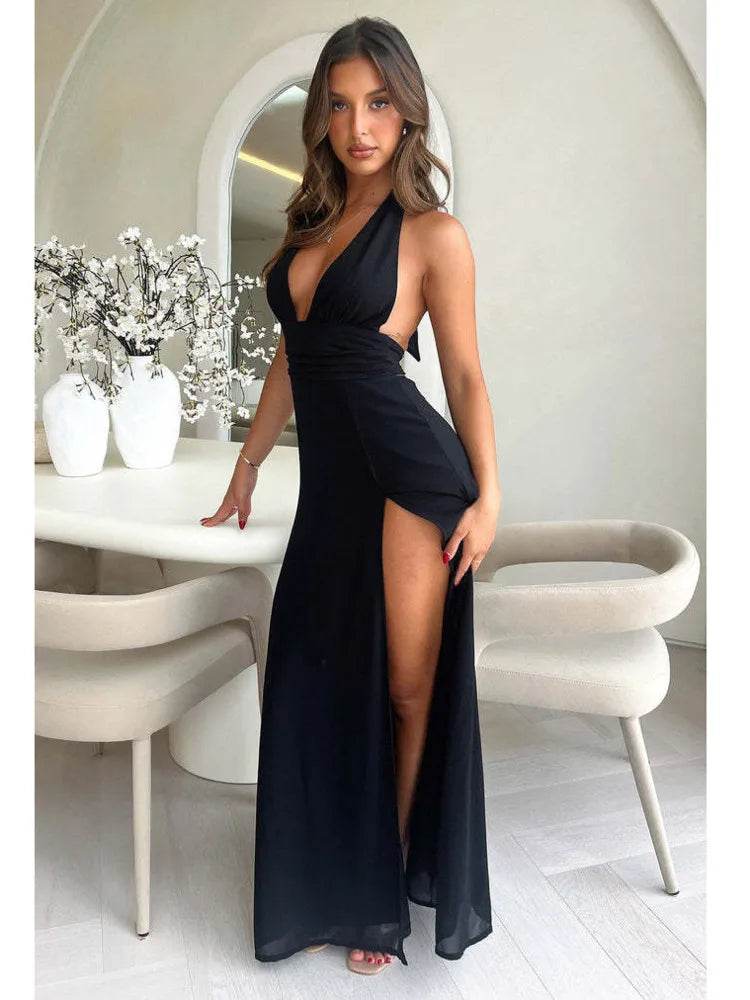 Elegant Sleeveless Open Back High Split Dress Women Slim Lace Up Evening Dress Female Elegance Club Party Vestidos 2024