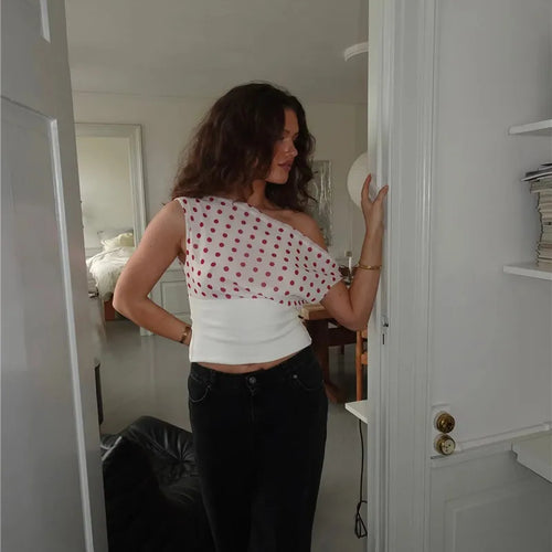 Load image into Gallery viewer, Backless Polka Dot Crop Tops Women Vest Fashion Summer New Oblique Shoulder Sleeveless Tank Tops Pullovers Female
