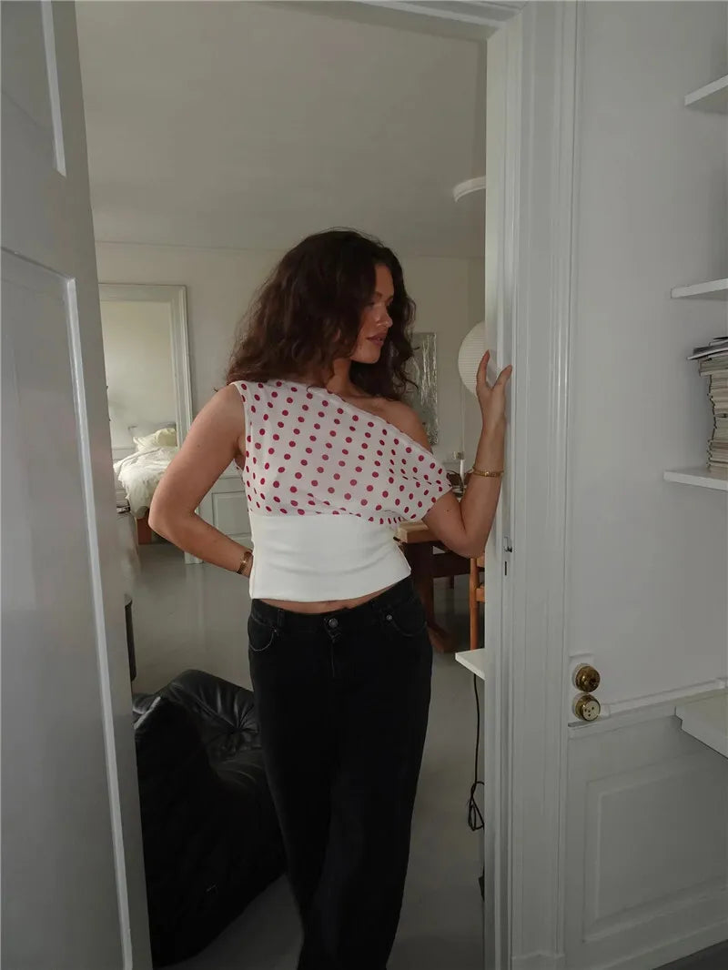 Backless Polka Dot Crop Tops Women Vest Fashion Summer New Oblique Shoulder Sleeveless Tank Tops Pullovers Female