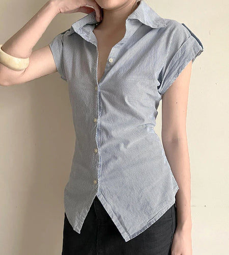 Casual Blue Striped Skinny Summer Shirts Women Chic Curved hem With Breasted Buttons Blouse Lady Short Sleeve Top New