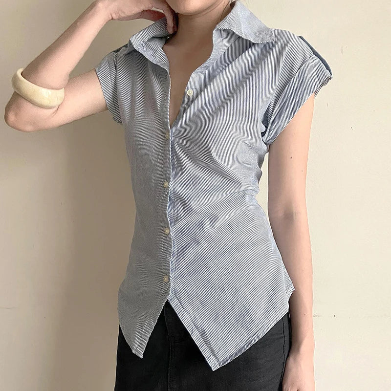 Casual Blue Striped Skinny Summer Shirts Women Chic Curved hem With Breasted Buttons Blouse Lady Short Sleeve Top New