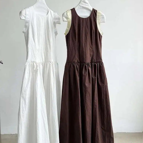 Load image into Gallery viewer, Women Coffee Color-block Elegant Long Vest Dress New Round Neck Sleeveless Fashion Tide Spring Summer 2025 1DJ0743

