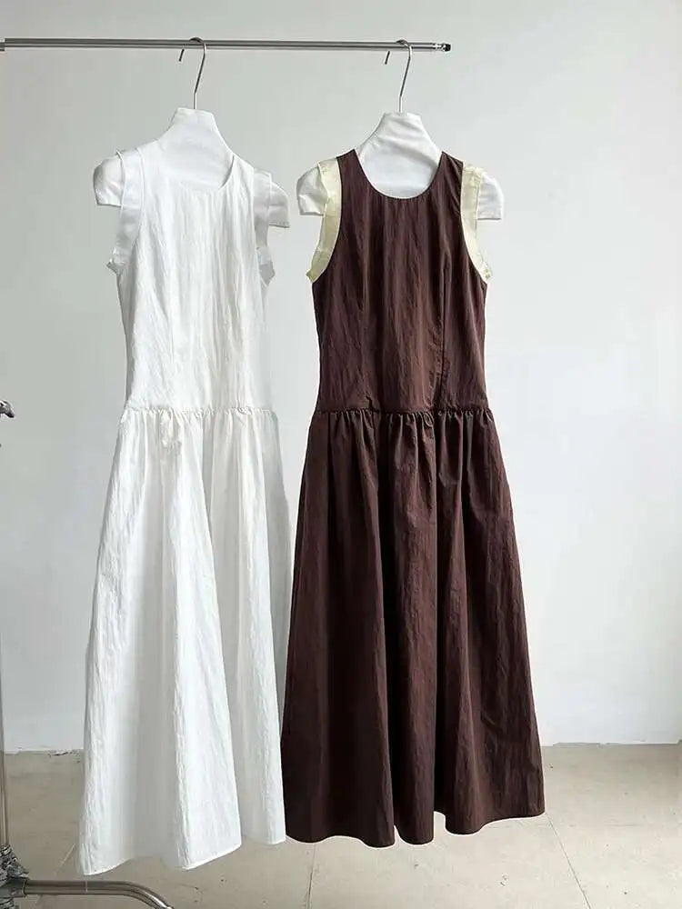 Women Coffee Color-block Elegant Long Vest Dress New Round Neck Sleeveless Fashion Tide Spring Summer 2025 1DJ0743