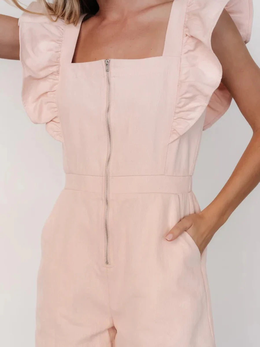 Solid Spliced Zipper Slimming Jumpsuits For Women Square Neck Sleeveless High Waist Temperament Mini Dress Female