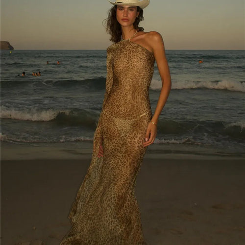 Load image into Gallery viewer, One Shoulder Leopard Print Maxi Dress Women Inclined Shoulder Backless Beach Holiday Vacation Club Sexy Long Dress
