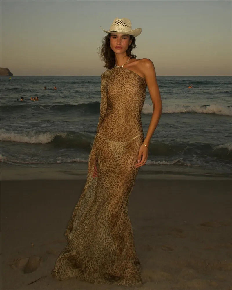 One Shoulder Leopard Print Maxi Dress Women Inclined Shoulder Backless Beach Holiday Vacation Club Sexy Long Dress