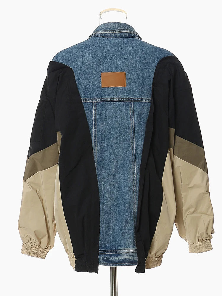 Loose Fit Blue Denim Color-block Big Size Jacket New Lapel Long Sleeve Women Coat Fashion Tide Spring Autumn 2025 1DF1519