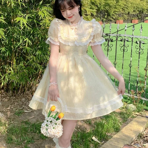 Load image into Gallery viewer, Sweet Kawaii Lolita Dress Soft Girl Princess Lace Elegant Puff Sleeve Party Mini Short Dresses Puff Sleeve
