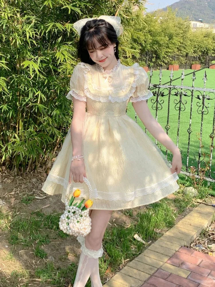 Sweet Kawaii Lolita Dress Soft Girl Princess Lace Elegant Puff Sleeve Party Mini Short Dresses Puff Sleeve