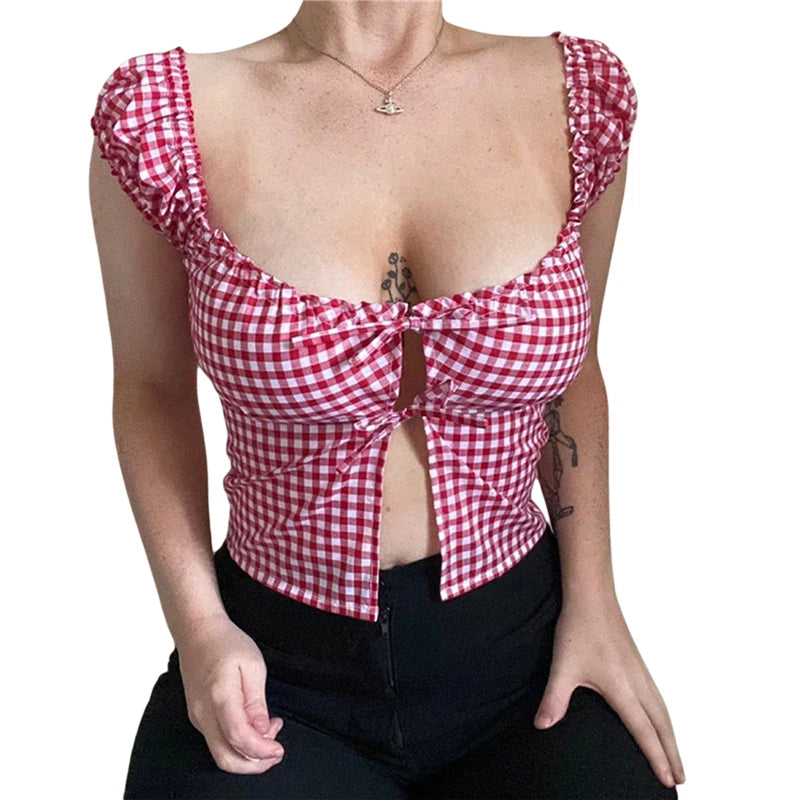 Fairy Grunge Plaid Crop Top Summer Women Short Sleeve Tie Up Bandage Vest Kawaii Off Shoulder T Shirt Female Clothes