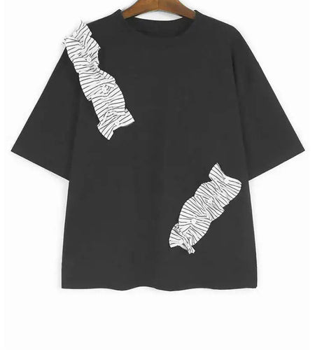 Women White Ruffles Color-block Big Size T-shirt New Round Neck Short Sleeve Fashion Tide Spring Summer 2025 1DJ0182