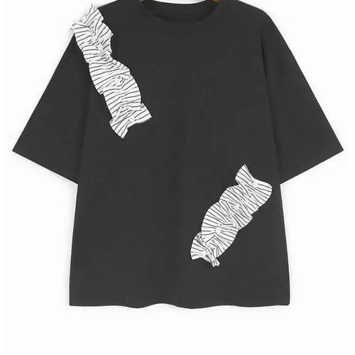 Load image into Gallery viewer, Women White Ruffles Color-block Big Size T-shirt New Round Neck Short Sleeve Fashion Tide Spring Summer 2025 1DJ0182
