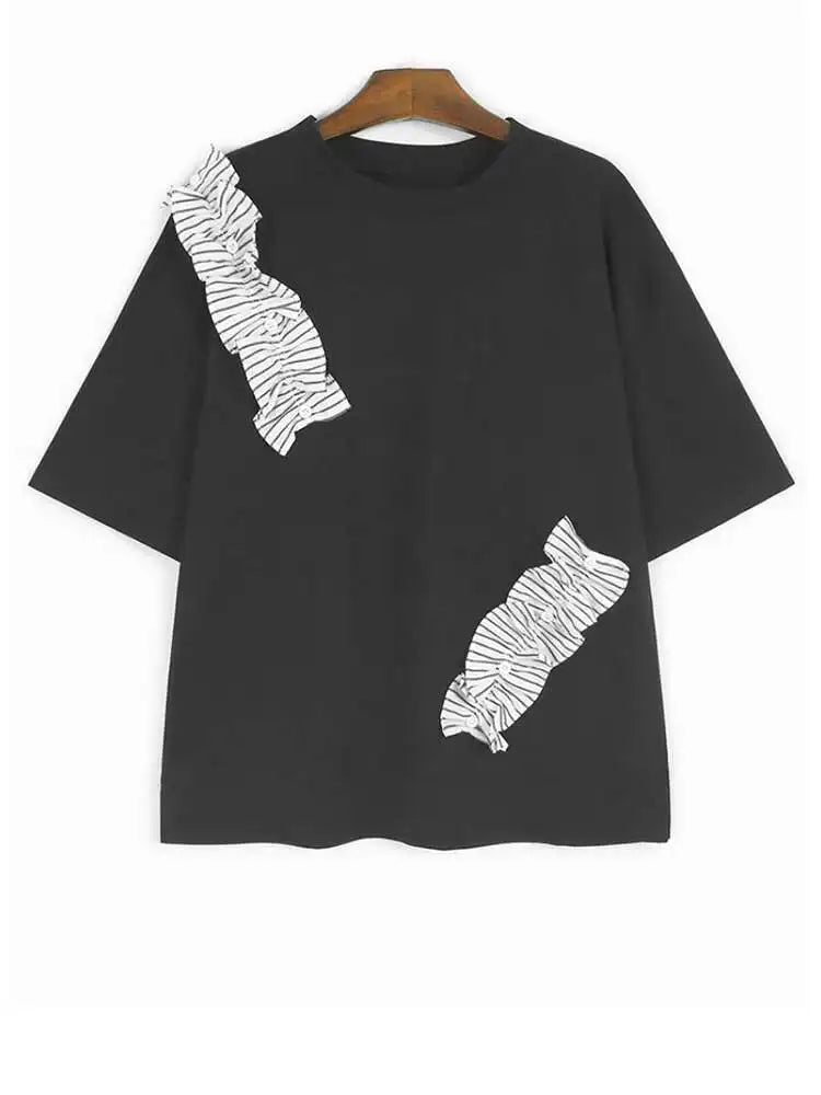 Women White Ruffles Color-block Big Size T-shirt New Round Neck Short Sleeve Fashion Tide Spring Summer 2025 1DJ0182