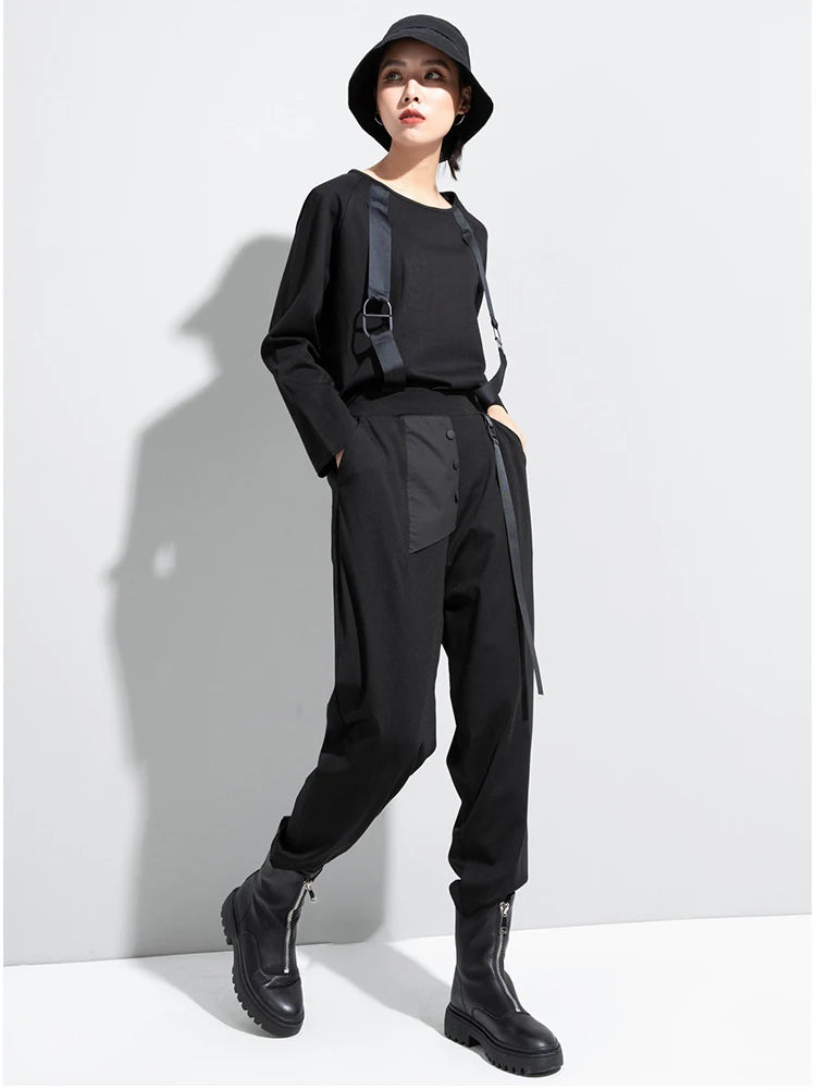 High Elastic Waist Black Ribbon Split Harem Trousers New Loose Fit Pants Women Fashion Tide Spring Autumn 2025 1DC777