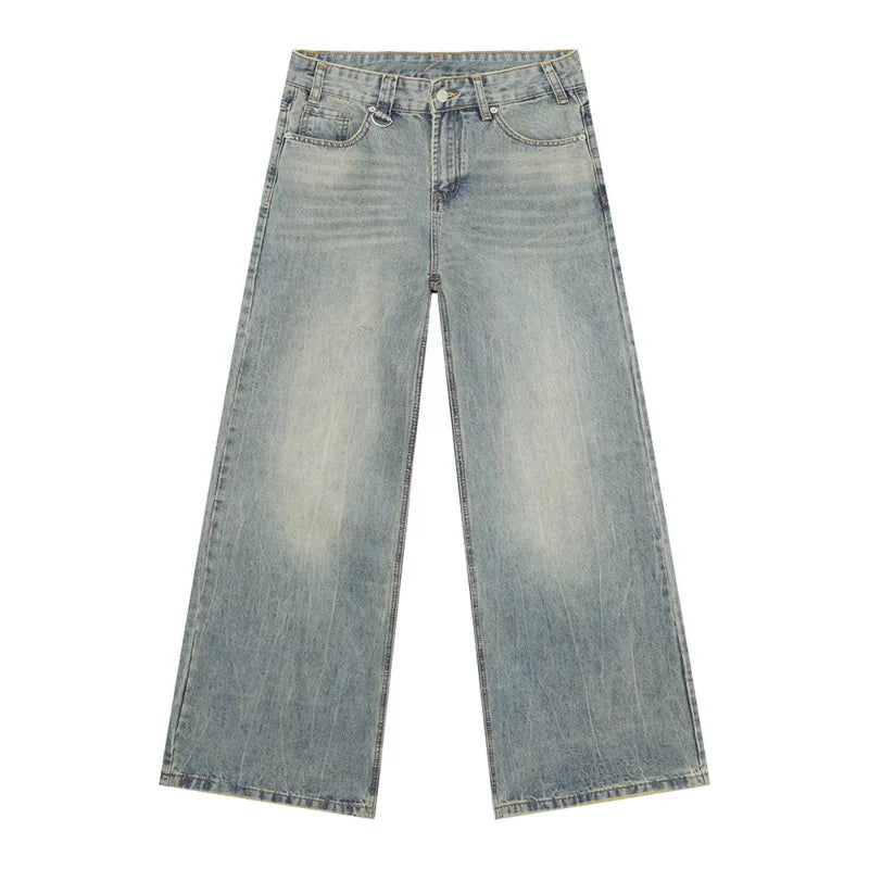 American Style Men's Jeans Casual Washing Solid Color Wide Leg Simple Denim Pants Straight Loose Male Jeans Stylish 9C9303