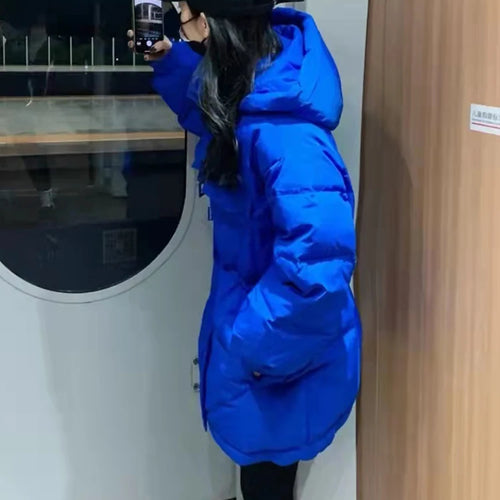 Load image into Gallery viewer, Blue Down Jacket Women New Winter Stand Collar Slim Waist Thickened Hooded White Jackets Mid-Length Korean Parkas Woman
