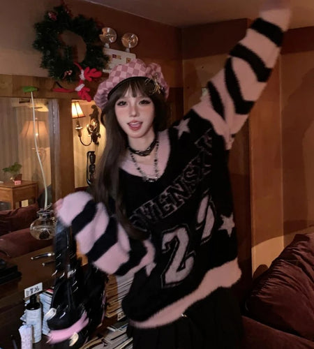 Hollow Out Harajuku Grunge Letter Jacquard Pullovers Streetwear Vintage Patchwork Jumpers Women Y2k Aesthetic Casual Sweaters