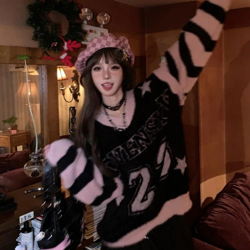 Load image into Gallery viewer, Hollow Out Harajuku Grunge Letter Jacquard Pullovers Streetwear Vintage Patchwork Jumpers Women Y2k Aesthetic Casual Sweaters
