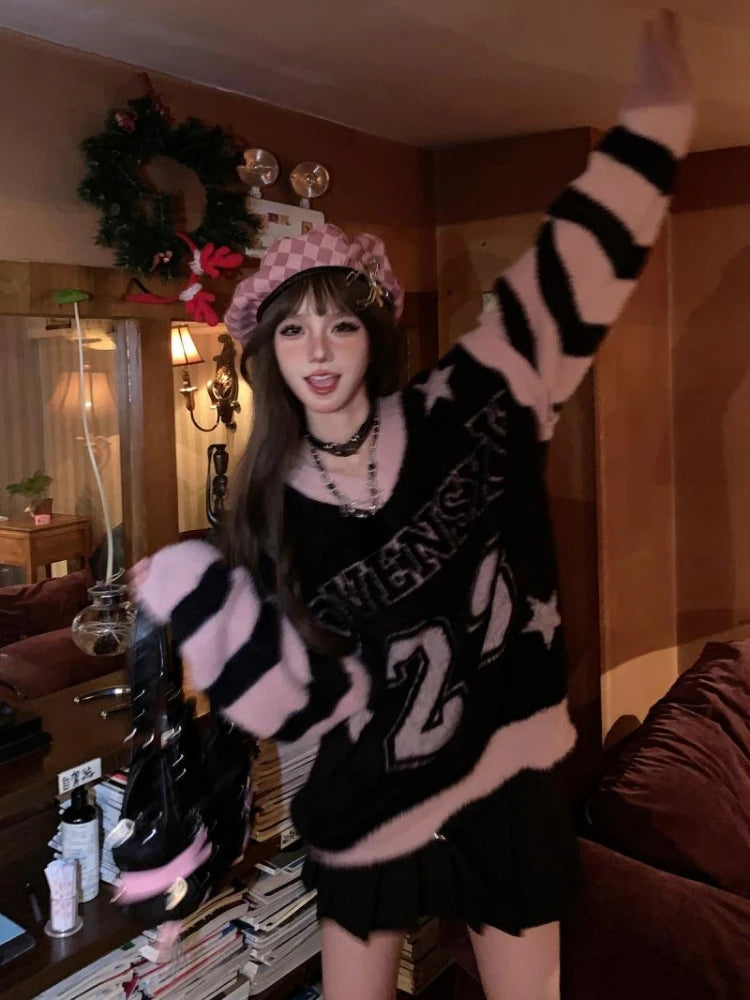 Hollow Out Harajuku Grunge Letter Jacquard Pullovers Streetwear Vintage Patchwork Jumpers Women Y2k Aesthetic Casual Sweaters