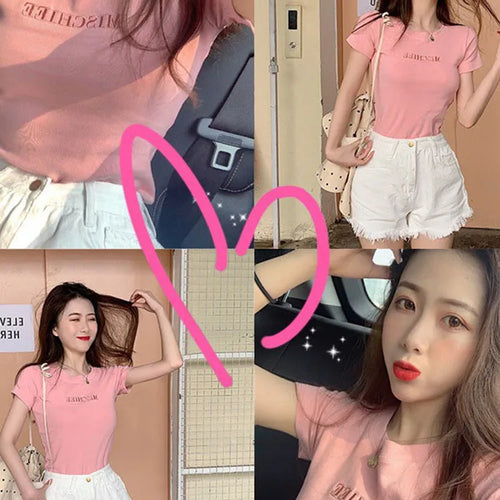 Load image into Gallery viewer, Women Short Sleeve Top Pure Ladies T-shirt Brand Letter Summer Embroidered Clothing Slim Cotton Pure Color Fashion Round Neck
