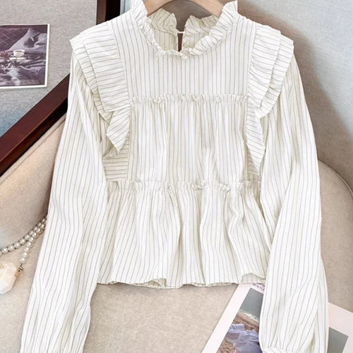 Load image into Gallery viewer, French Vintage Vertical Striped Loose Women Blouse Elegant Ladies Sweet Pink White Female Chicly Ruffles Collar Top
