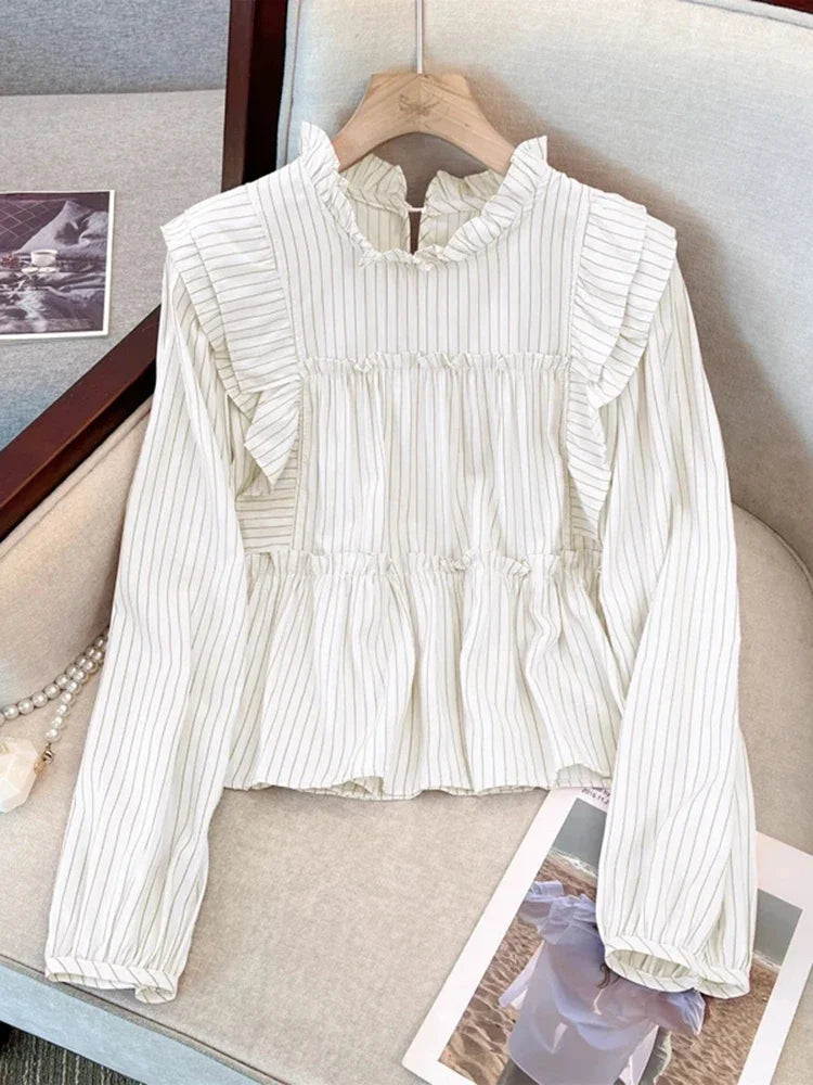 French Vintage Vertical Striped Loose Women Blouse Elegant Ladies Sweet Pink White Female Chicly Ruffles Collar Top