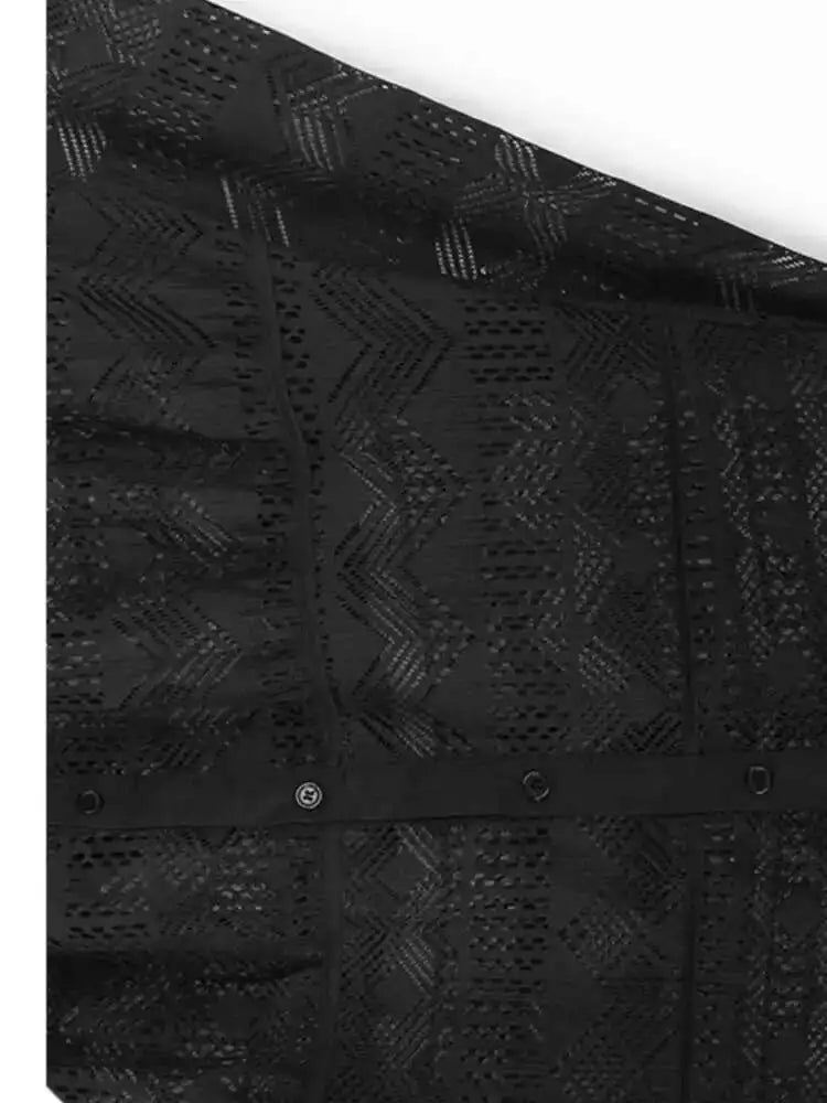 Women Black Lace Hollow Out Tassels Big Size Midi Shirt Dress New Lapel Long Sleeve Fashion Spring Autumn 2025 1DH8942