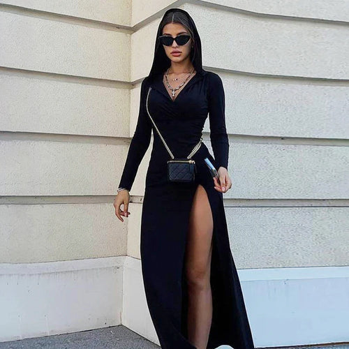 Load image into Gallery viewer, Streetwear Wrap Hooded Asymmetrical Sexy Dress Female Elegant Evening Party Split Long Dress Autumn Clothes Grunge
