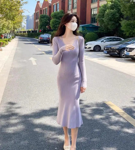 Purple Ruffles Hip Wrap Dresses For Women 2023 Fall Winter Beige Sweater Dress Warm V Neck Long Sleeve Black Knit Midi Dress New