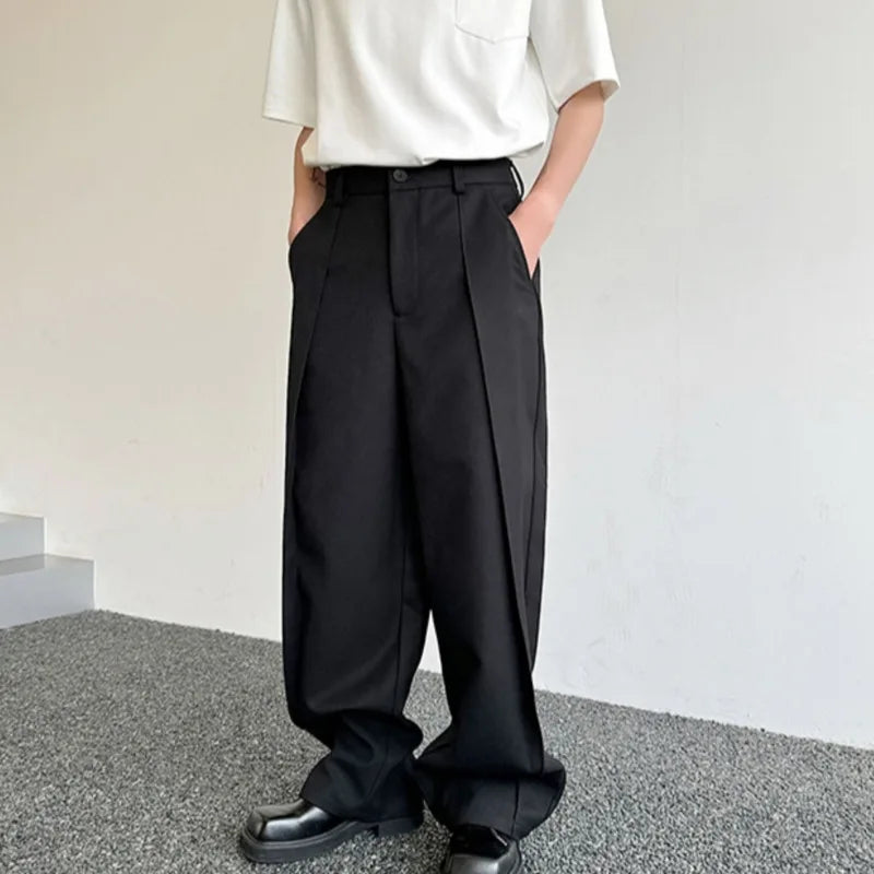 Fashion Trend Wide Leg Pants Men's Summer Individuality Pleated Looes Solid Color Lovers' Trousers Men 9C5805