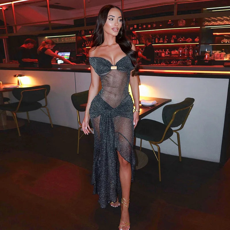 Mesh See Through Ruffled Sexy Maxi Dress For Women Gown Gray Off-shoulder Strapless Backless Ruched Long Dress Vestido