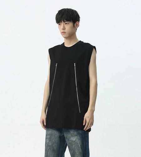 Vest Korean Style Personalized Zipper Sleeveless Tank Top Summer Male Clothing Casual Loose Round Neck 9C5327