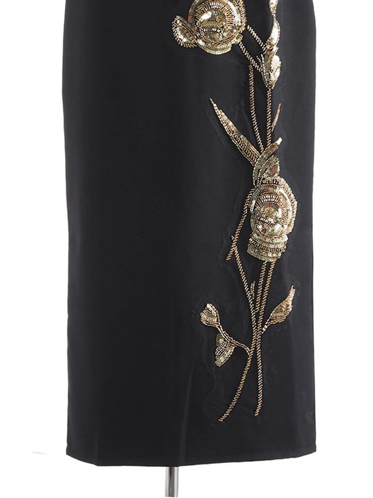 High Elastic Waist Black Three-dimensional Nailed Flower Half-body Skirt Women Fashion Tide New Spring Autumn 2025 1DJ0647