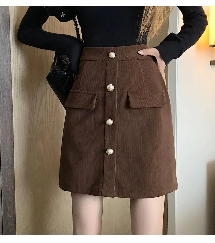 Autumn Winter New Black Pink Corduroy High Waisted Mini Skirt Women Korean Fashion Brown Large Size Short Skirt Simplicity Trend