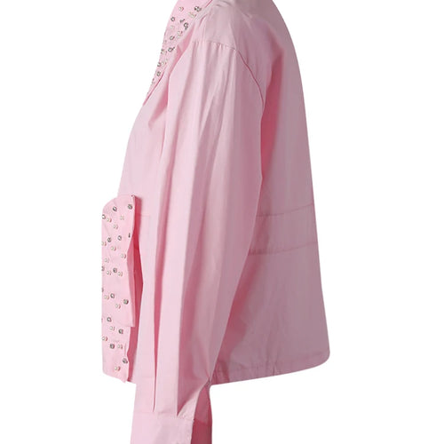 Load image into Gallery viewer, Women Pink Color Pearl Rhinestones Big Size Blouse New Lapel Long Sleeve Shirt Fashion Tide Spring Autumn 2025 CPG3257
