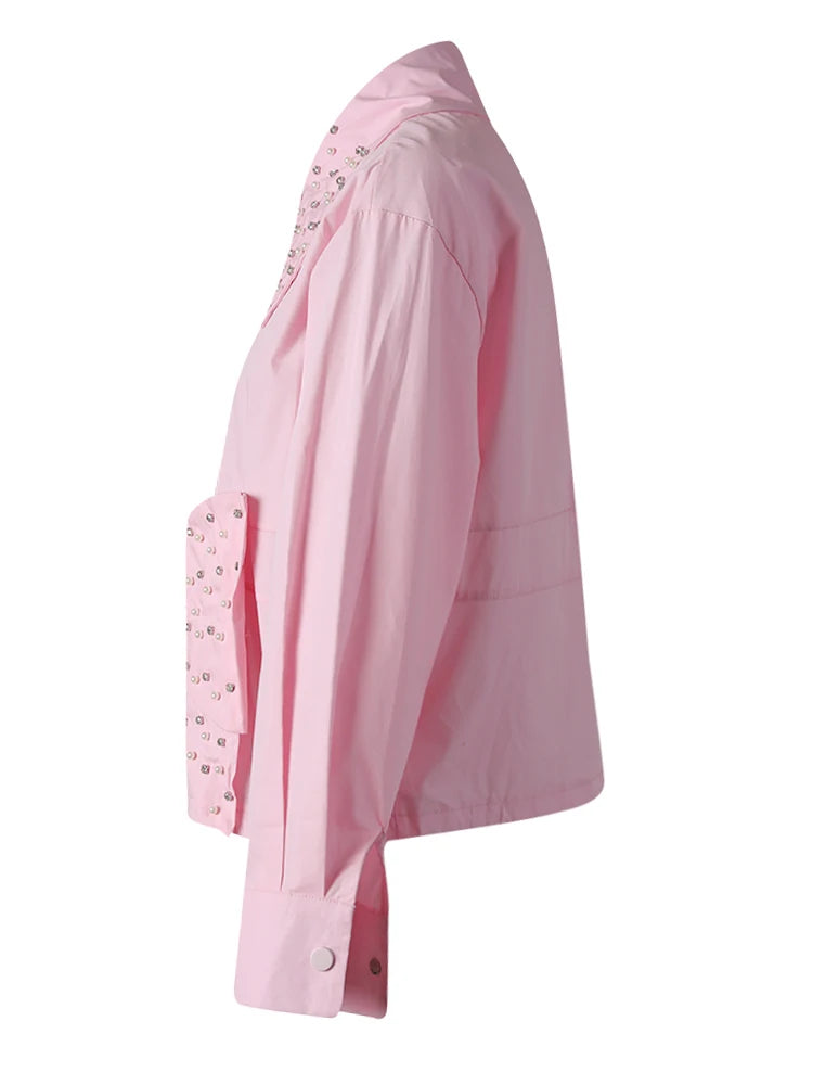 Women Pink Color Pearl Rhinestones Big Size Blouse New Lapel Long Sleeve Shirt Fashion Tide Spring Autumn 2025 CPG3257