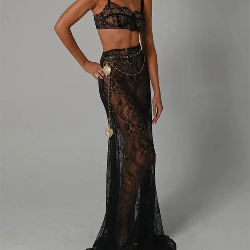 Load image into Gallery viewer, See Through Lace Two Piece Skirt Sets Women Crop Top And Maxi Skirt Sets Elegant Party Beach Sexy Two Piece Set
