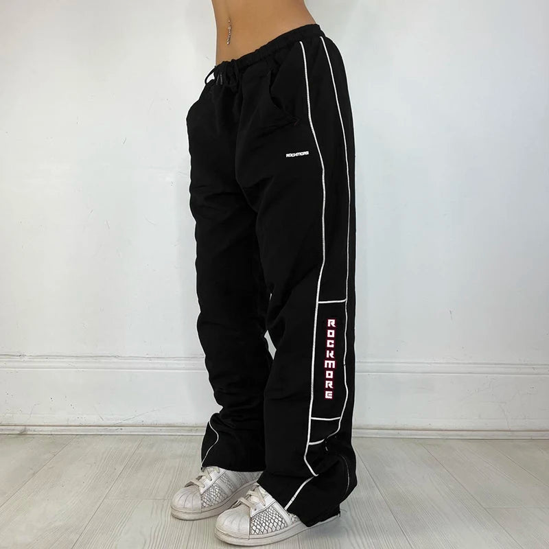 Harajuku Sporty Stripe Letter Baggy Pants Female Casual Low Waist Drawstring Tech Trousers Hip Hop Street Style Capri