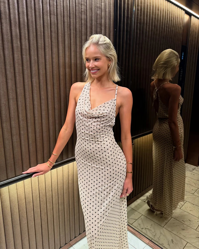 Spaghetti Strap Polka Dot Dress For Women Gown Fashion Irregular V Neck Sleeveless Backless Bodycon Club Long Dress