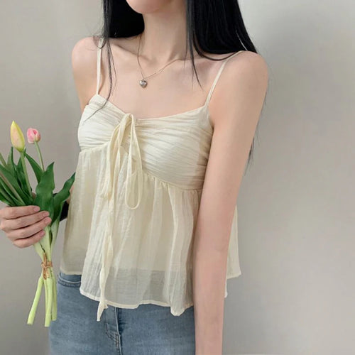 Load image into Gallery viewer, Strap Korean Style Summer Camis Tops Drawstring Fold Kawaii Y2K Front Tie-UP Mini Crop Top Female Beach Holidays Chic
