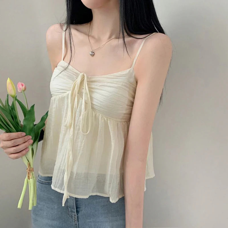 Strap Korean Style Summer Camis Tops Drawstring Fold Kawaii Y2K Front Tie-UP Mini Crop Top Female Beach Holidays Chic