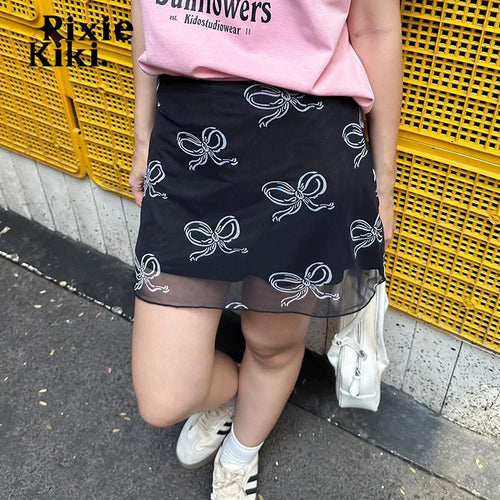 Load image into Gallery viewer, Bow Printed Mesh Skirt Pink Black Summer 2024 Women 2000’s Clothes Y2k Low Waist A Line Mini Skirts P84-BF25
