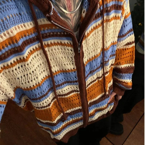 Load image into Gallery viewer, Y2k Aesthetic Vintage Thin Knitted Hooded Cardigan  Autumn Oversize Loose Stripe Women Sweater Zipper Harajuku Cardigans Femme

