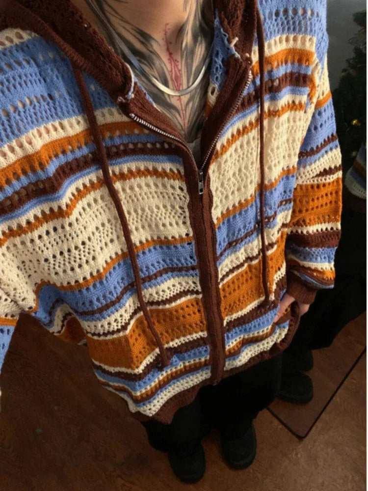 Y2k Aesthetic Vintage Thin Knitted Hooded Cardigan  Autumn Oversize Loose Stripe Women Sweater Zipper Harajuku Cardigans Femme