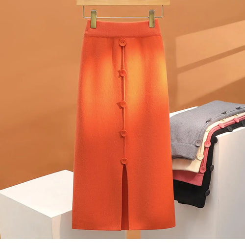 Load image into Gallery viewer, Solid Knit Wrap Hip Skirts Women 2023 Autumn Winter New Fashion Midi Skirt Vintage Casual Elastic High Waist Button Split Skirt
